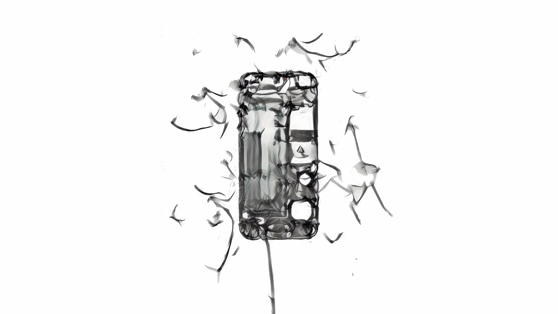 A greyscale digital image depicts a smartphone on a white ground on a painterly style. Dandelion frond appear to be floating out of the phone.