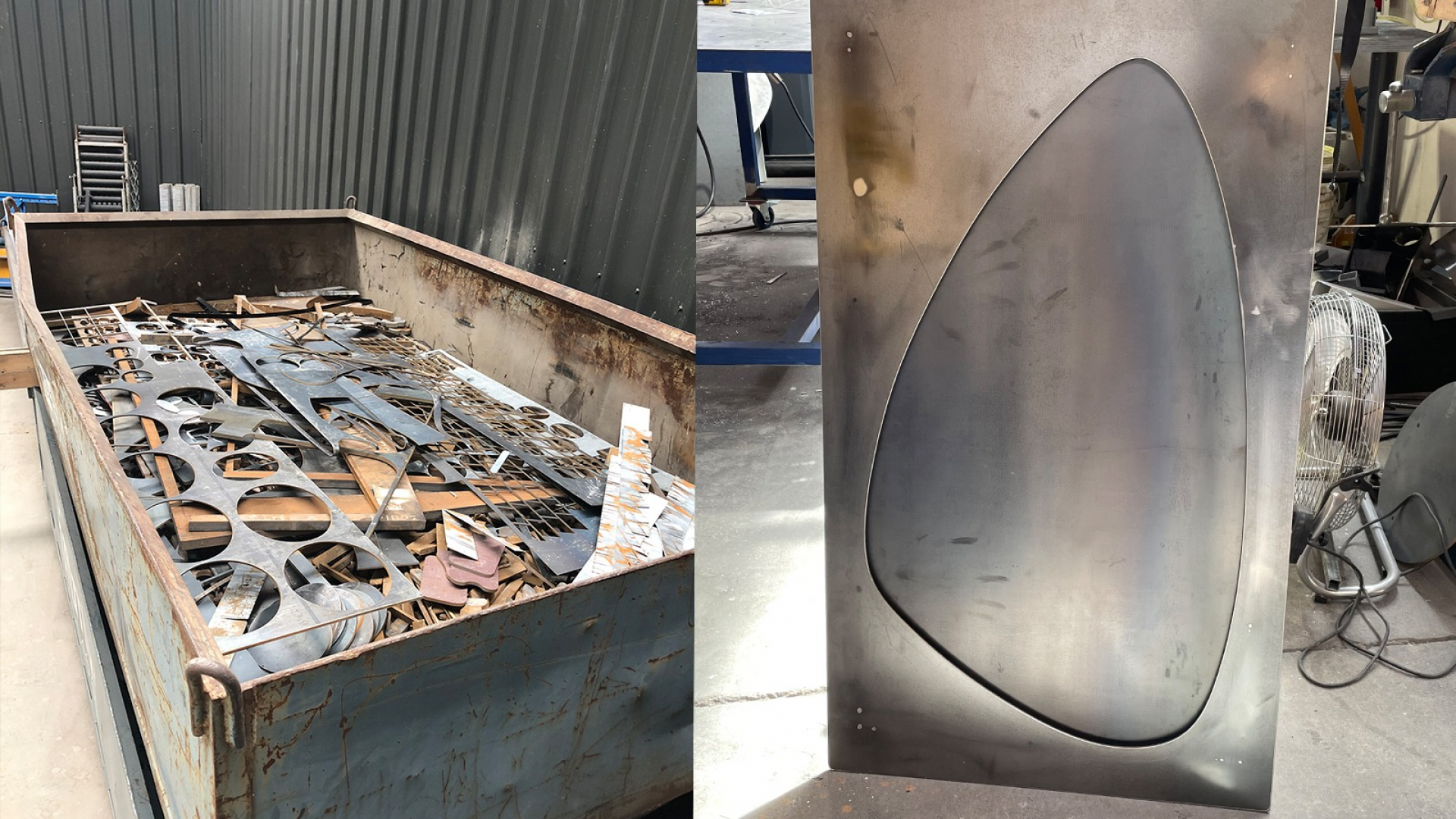 Two images joined at middle-image one is of a large bin of steel waste. Image two is of egg shape cut into a rectangle steel sheet.
