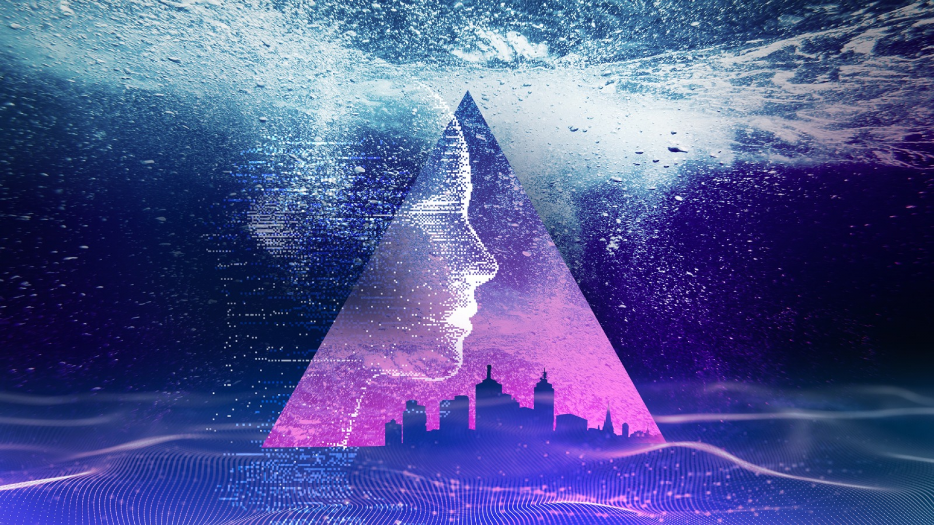 The image reflects our abilities as a collective consciousness to create change. The purple triangle seems represents structure and strength, a prism symbolic of energy and dynamism. Within it you see a pixelated face formed from bubbles of the water, resembles the human aspect, the mind and seeing to the future. There is a silhouette cut out of the Melbourne City which is cut out of the triangle, forms the foundation which sits on the bed of the sea. This abstract image of a triangle being submerged underwater, creates a splash, a disruption on the surface of the water, and as you look deeper, you will see that underneath, there are patterns on the bed, showing a network and an undercurrent of energy.