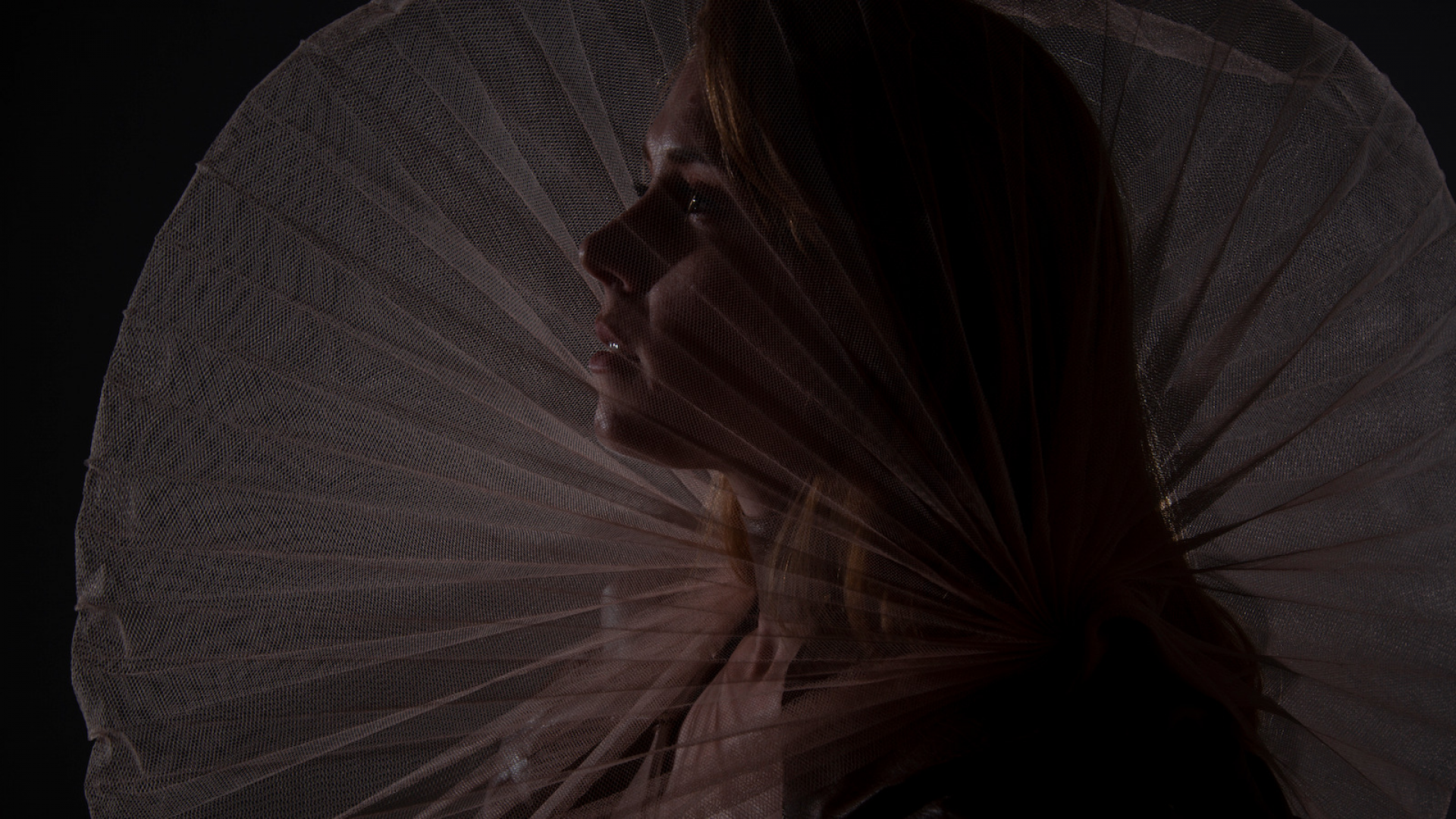 photo close up of a female artists face in profile taken through a transparent net headpiece