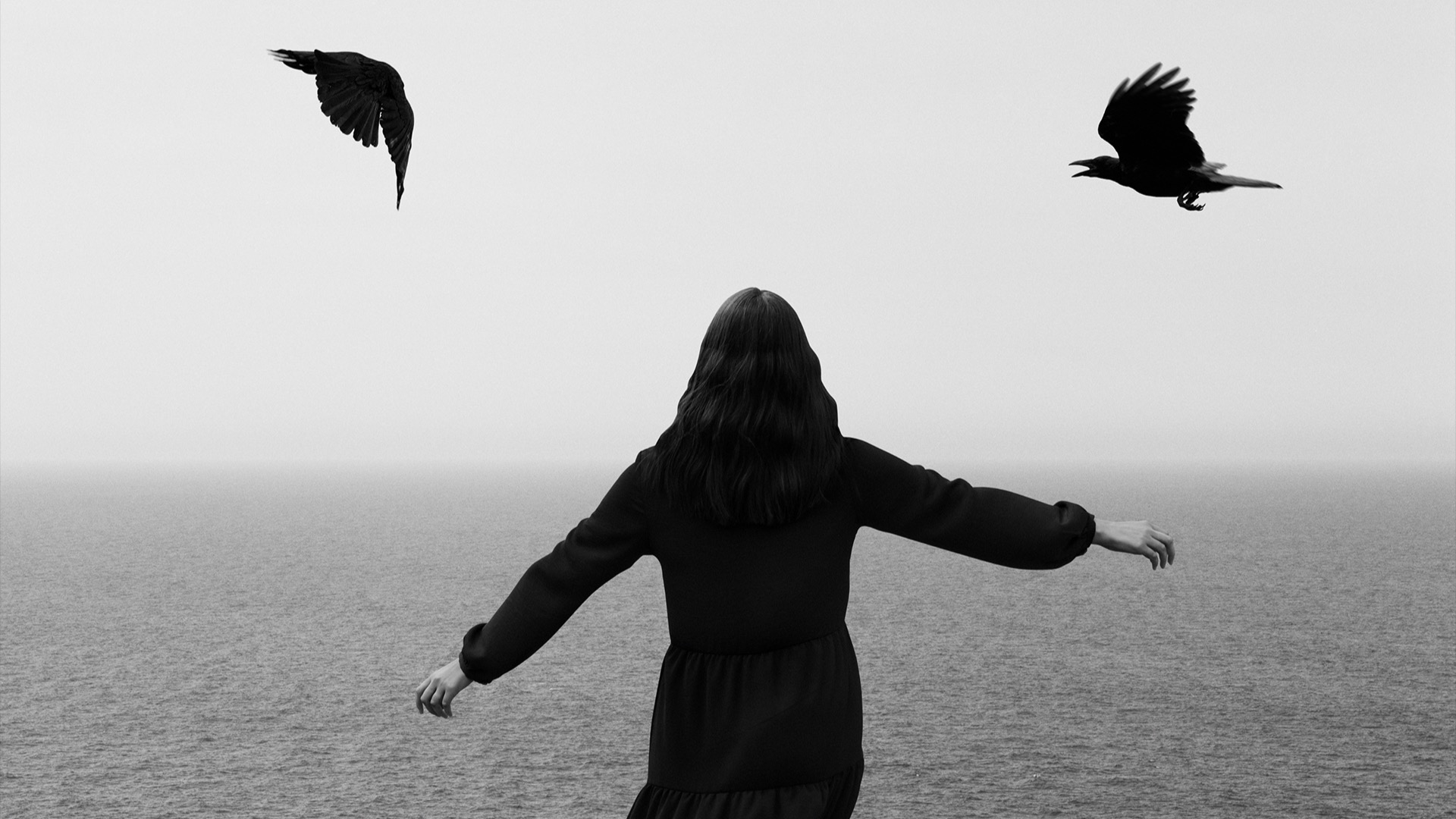 A black and white photo of a person looking at the sea with two crows flying closely above