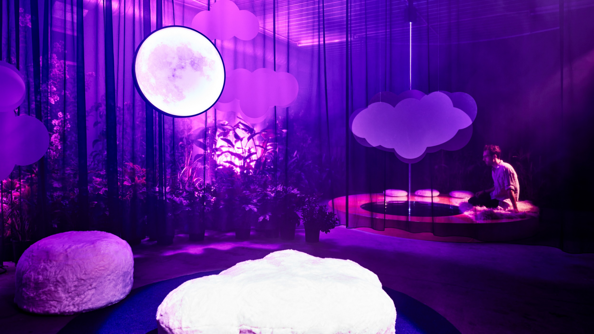 moon, cloud bench, floating clouds, water, reflecting pool, mood lighting, sweet rain forest sound and scent