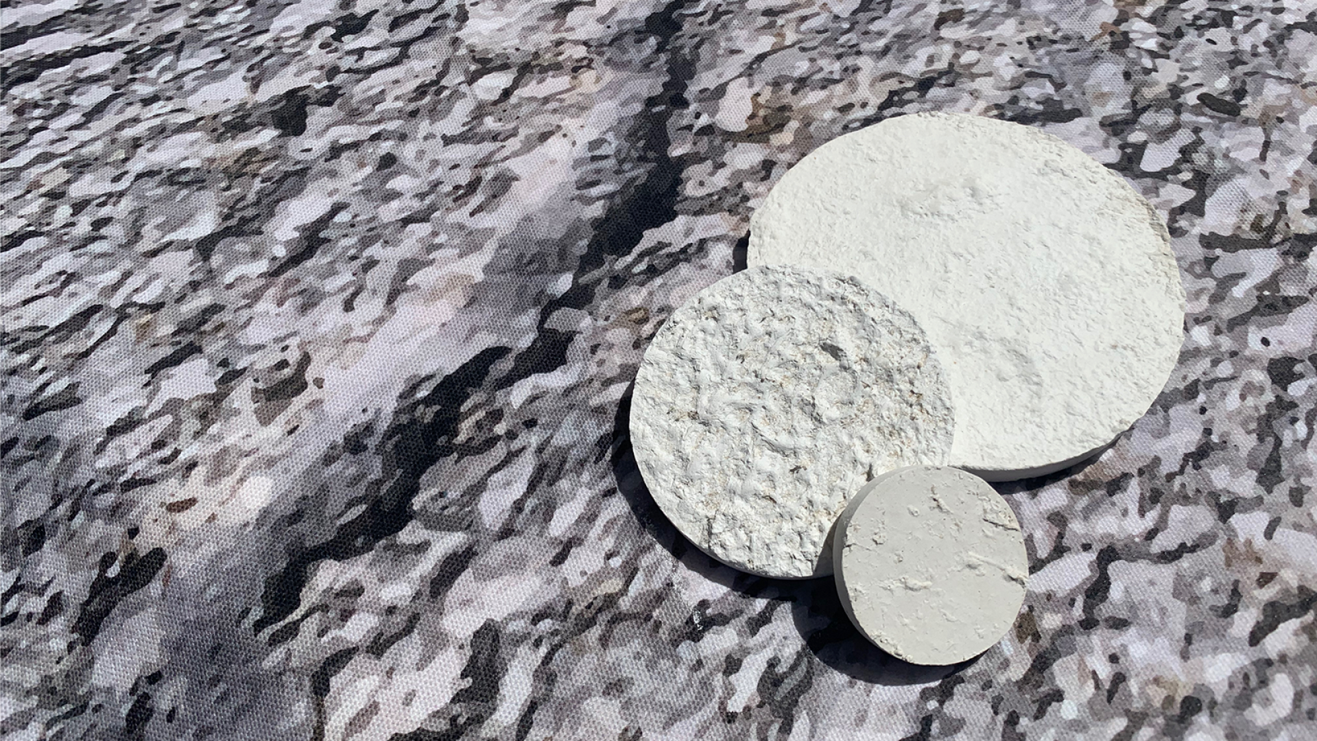 Plaster disk's (various size, texture) on printed textile