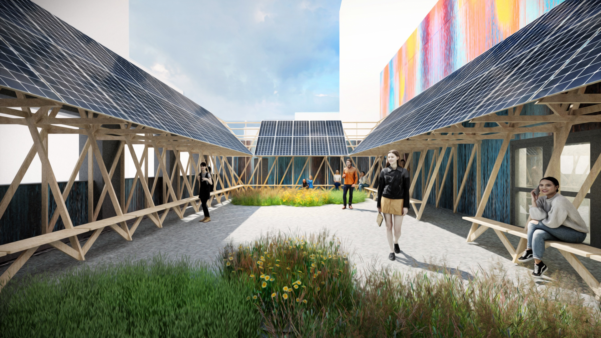 Computer render of a roof top garden with elevated solar panels around the perimeter creating awnings.