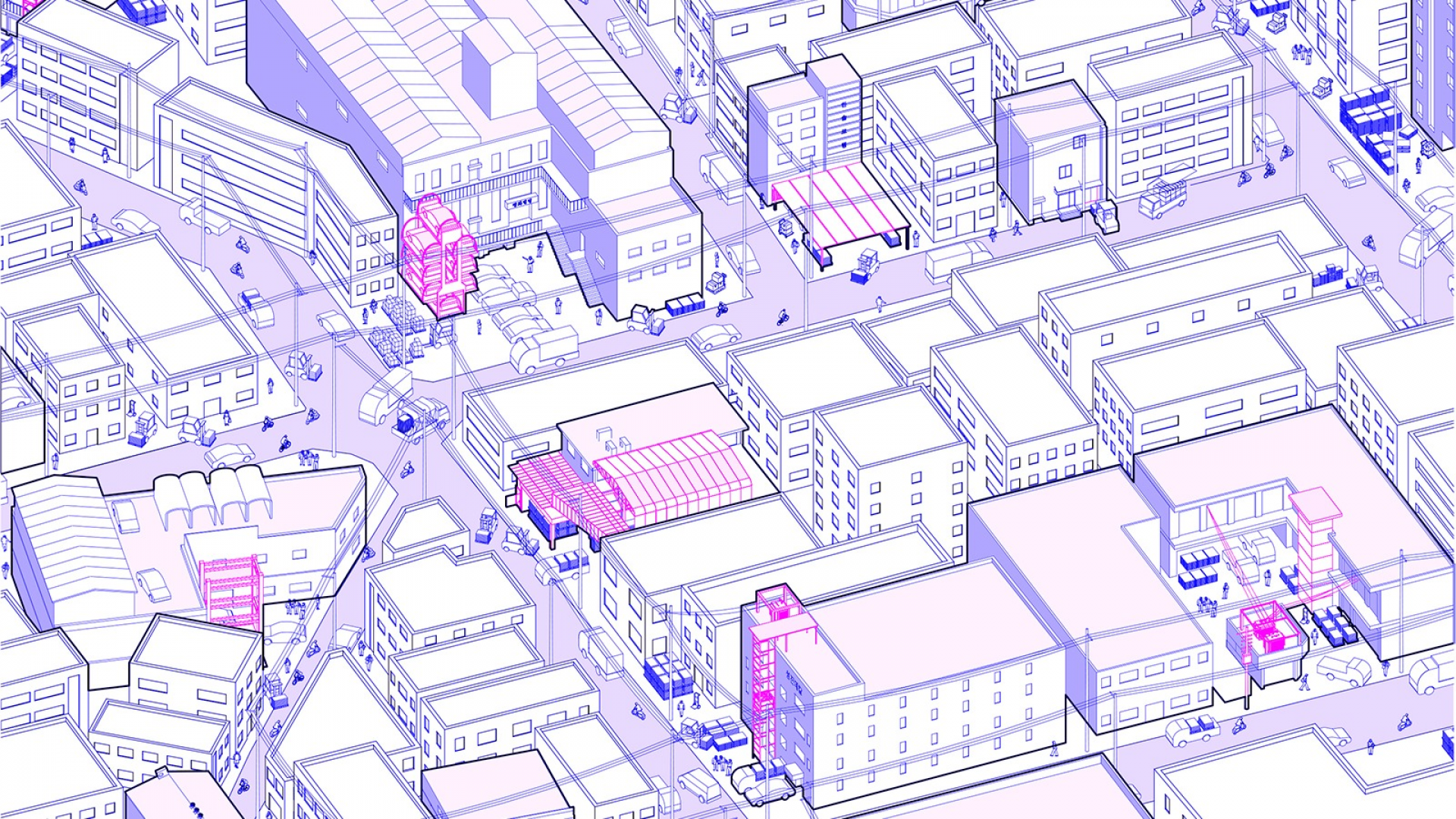 Drawing of adaptions to the urban environment of Seoul to retrofit it for production
