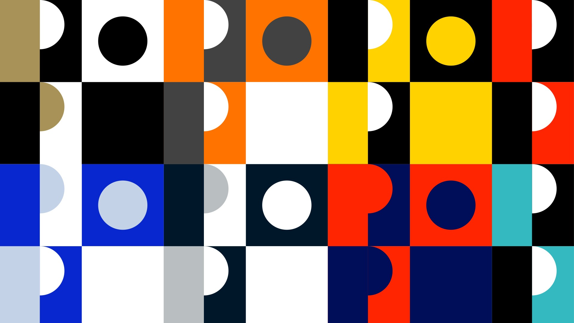 Geometric colour pattern in black, white, red, orange, blue and teal