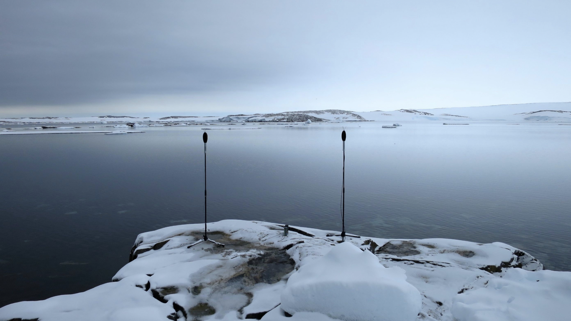 2 microphones on tall stands in the snow in front of a large stretch of water
