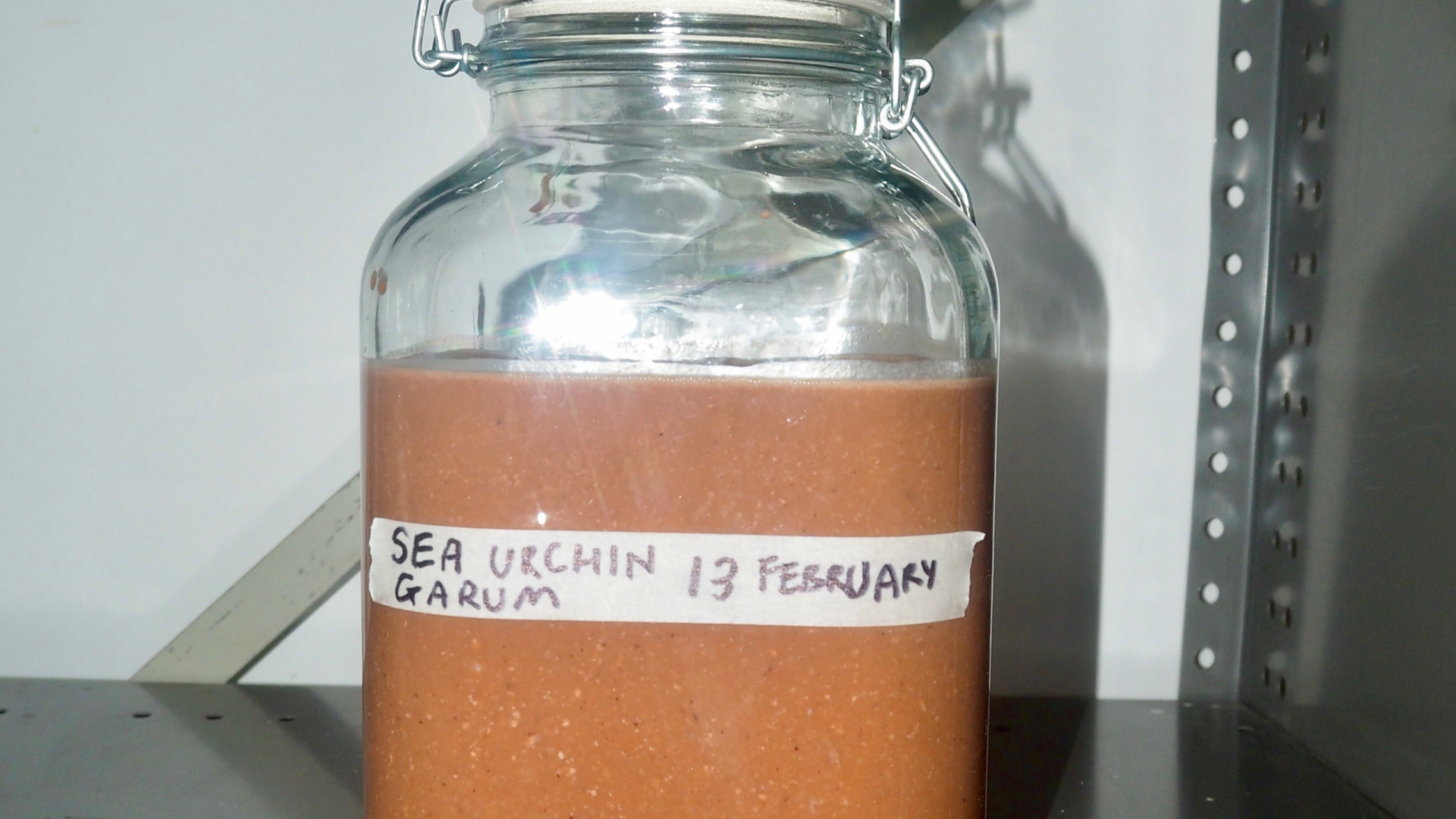 Air-tight glass jar on shelf containing orange garum liquid